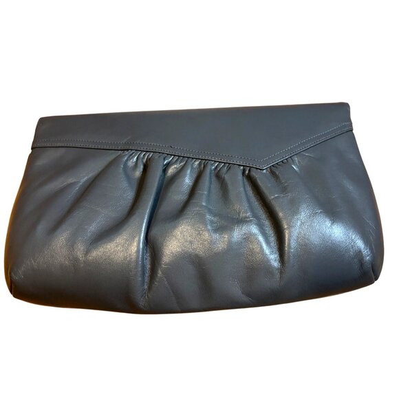 Vintage Morris Moskowitz Clutch Purse Gray Genuine Leather Flap Front Handbag - Picture 2 of 7